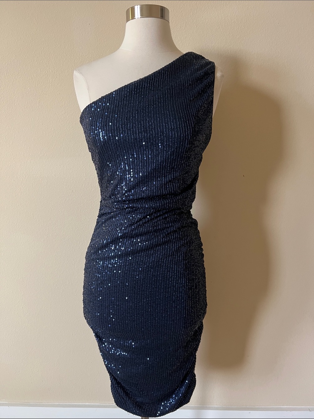 One-Shoulder Navy Sequin Cocktail Dress